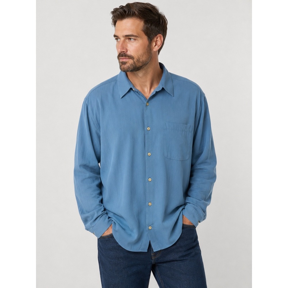 Ruff Hewn Button Down Shirt Mens XL Blue 100% Silk Herringbone Long Sleeve